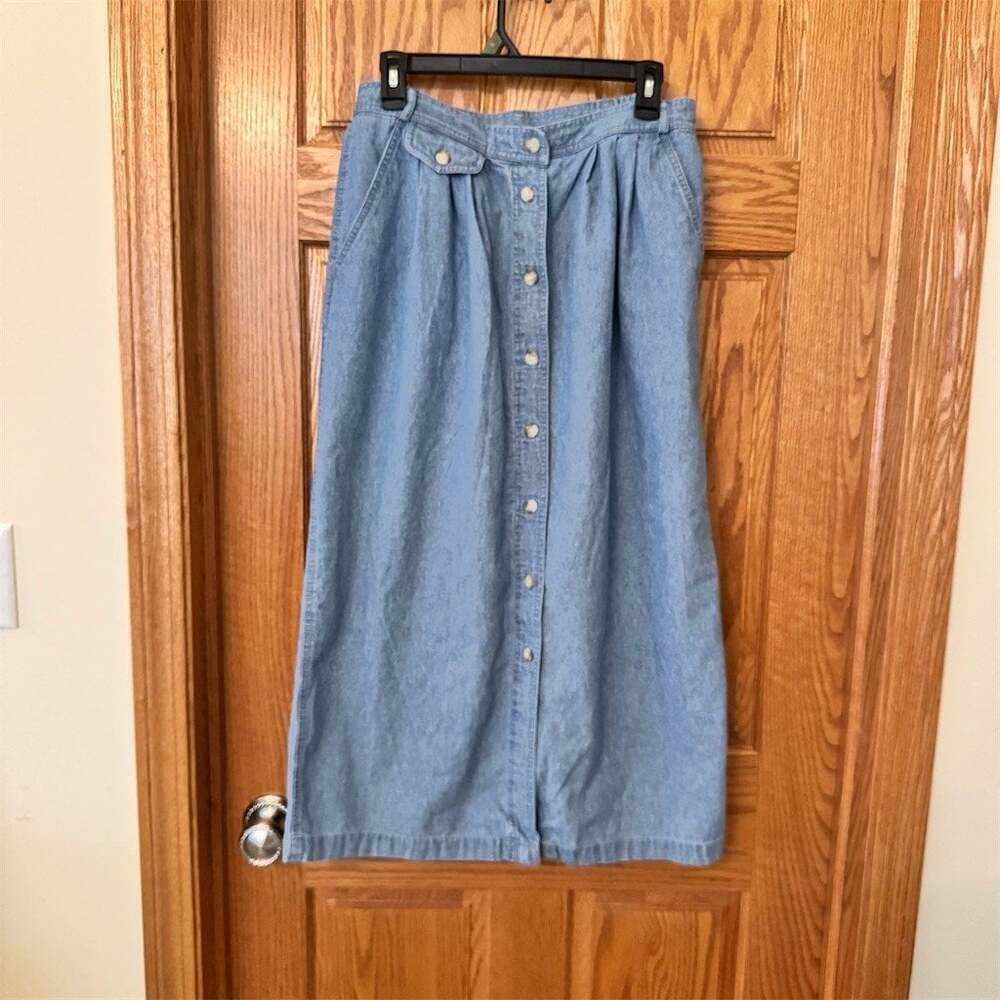 David Brooks Vintage Denim Skirt Womens Size 14 Blue Button Front Midi